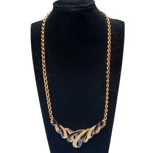 Joy Plast Gold Tone Black Enamel Rhinestone Necklace 18" Vtg